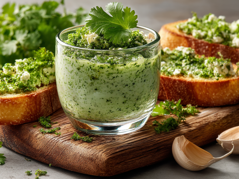 Ein kleines Glas mit Koriander-Hüttenkäse-Pesto, das auf einem Holzbrett steht. Auf dem Holzbrett liegen außerdem einige Schreiben Baguette, die mit dem Pesto bestrichen sind. Zudem liegen Knoblauchzehen und frischer Koriander verstreut.