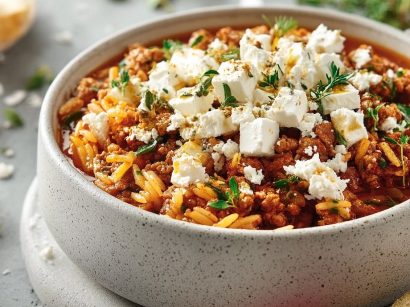 Ein Kritharaki-Hackfleisch-Topf in einer Schüssel.