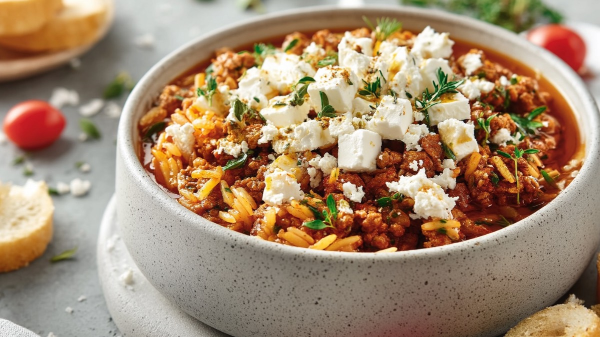 Ein Kritharaki-Hackfleisch-Topf in einer Schüssel.