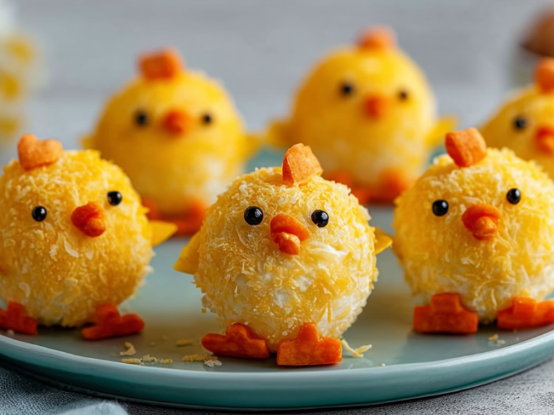 Ein Teller mit einigen Küken-Frischkäse-Bällchen.