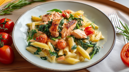 Ein Teller mit Lachs-Penne mit Spinat auf einem Holztisch. Links neben dem Teller liegen noch drei Tomaten. Im Hintergrund links sieht man einen Rosmarin-Zweig. Rechts neben dem Teller liegt eine aufgeschnittene Tomate, eine Gabel sowie noch etwas Rosmarin.