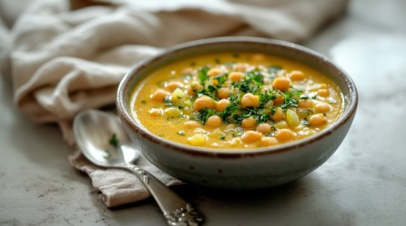 Eine Schüssel Lauch-Curry mit Kichererbsen, bestreut mit Koriander. Daneben ein Löffel und eine Stoffserviette.