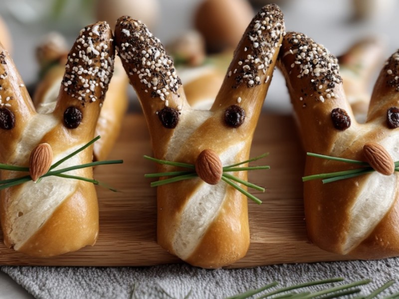 Drei Laugenstangen-Hasen auf einem Holzbrett.