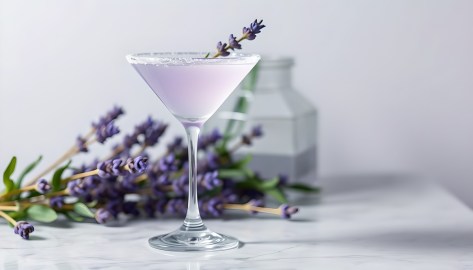 Ein Glas Lavendel Martini mit Lavendel im Hintergrund