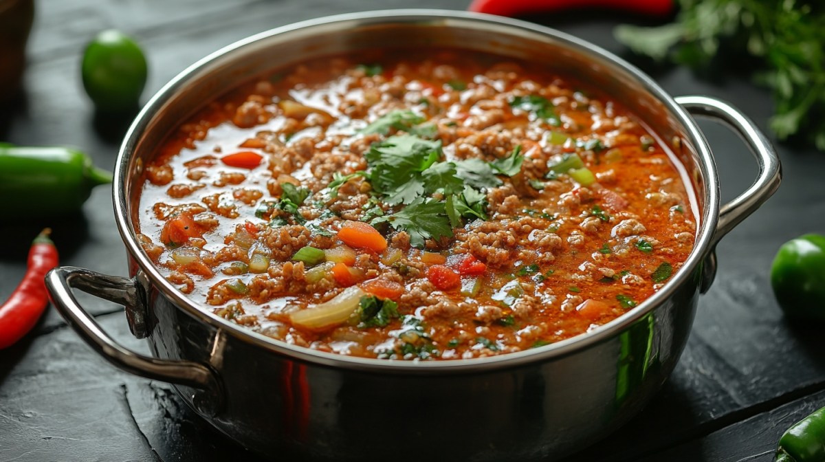 Letscho-Topf mit Hackfleisch und Paprika, bestreut mit Petersilie, in Tomatensoße in einem Topf, drumherum einige Paprikaschoten.
