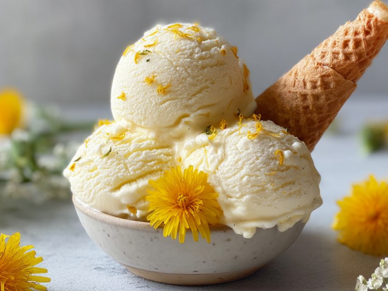 Eine Schüssel mit Löwenzahn-Eis, das mit Löwenzahnblüten dekoriert ist. Außerdem ist eine Eiswaffel in der Schüssel. Rund um die Eisschüssel liegen Löwenzahnköpfe verstreut und andere Sträucher mit weißen kleinen Blüten sind zu sehen.