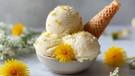 Eine Schüssel mit Löwenzahn-Eis, das mit Löwenzahnblüten dekoriert ist. Außerdem ist eine Eiswaffel in der Schüssel. Rund um die Eisschüssel liegen Löwenzahnköpfe verstreut und andere Sträucher mit weißen kleinen Blüten sind zu sehen.