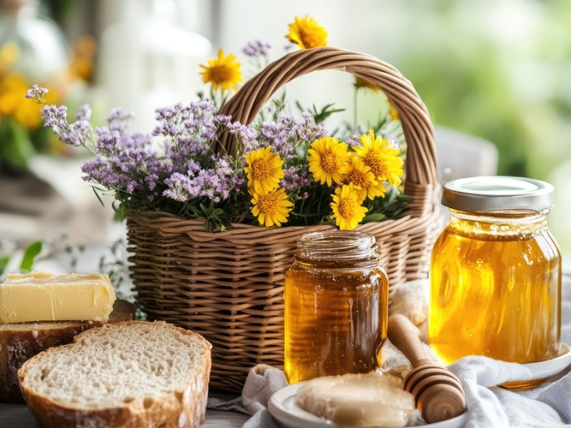 zwei Gläser Löwenzahnhonig mit Brot daneben und einem Korb mit Frühlingsblumen
