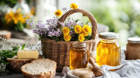 zwei Gläser Löwenzahnhonig mit Brot daneben und einem Korb mit Frühlingsblumen
