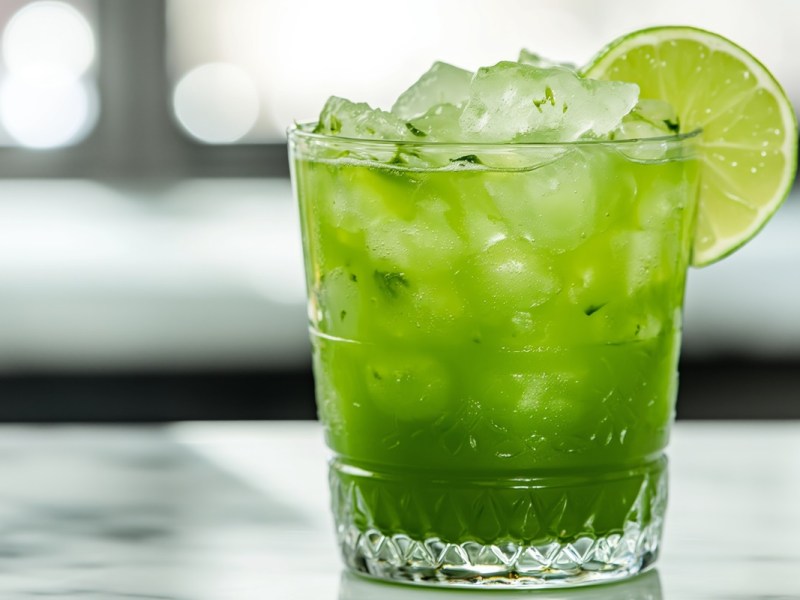 Ein Glas Matcha Gin Fizz auf einem Tisch