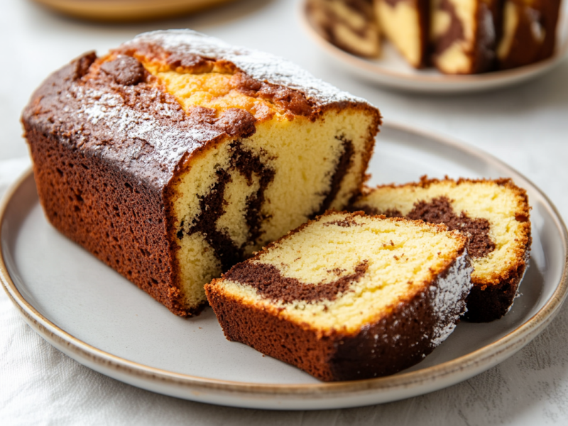 Ein angeschnittener Marmorkuchen auf einem grauen Teller. Im Hintergrund sieht man weiteren Kuchen sowie ein Glas mit Kaffee.