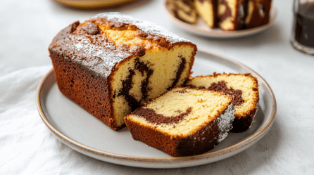 Ein angeschnittener Marmorkuchen auf einem grauen Teller. Im Hintergrund sieht man weiteren Kuchen sowie ein Glas mit Kaffee.