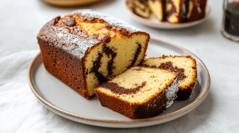 Ein angeschnittener Marmorkuchen auf einem grauen Teller. Im Hintergrund sieht man weiteren Kuchen sowie ein Glas mit Kaffee.