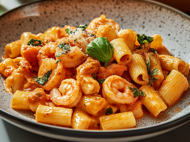 Ein gemusterter Teller mit Marry Me Pasta mit Shrimps.