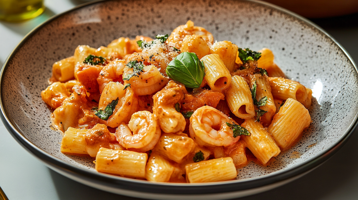 Ein gemusterter Teller mit Marry Me Pasta mit Shrimps.