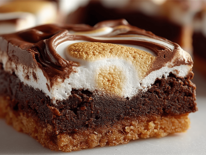 Ein Stück Marshmallow-Schnitten vom Blech mit Keksboden.