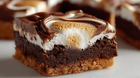 Ein Stück Marshmallow-Schnitten vom Blech mit Keksboden.