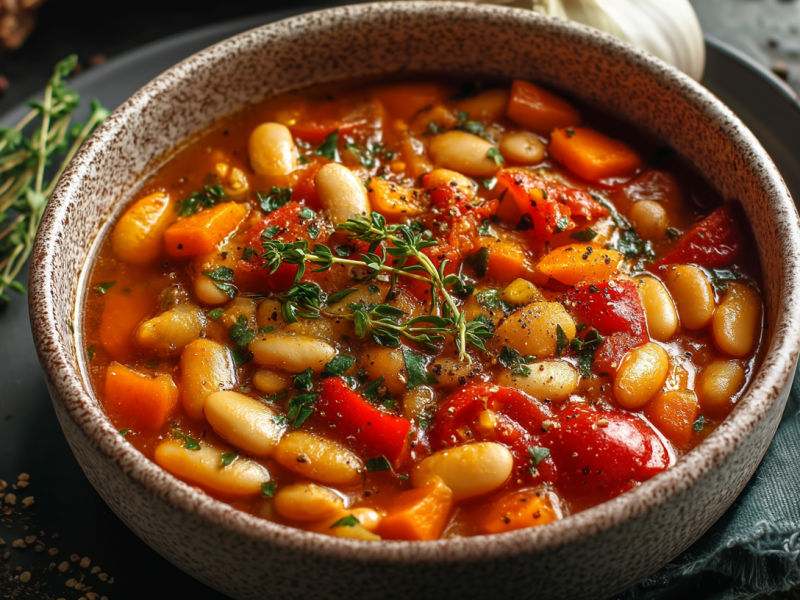 Eine Schüssel mediterraner Bohneneintopf auf einem grauen Teller. Rechts neben der Schüssel liegt ein Tuch und eine rote Paprika. Dahinter steht eine Flasche Öl. Hinter der Schüssel liegt eine Knoblauchknolle. Links neben der Schale liegt noch etwas Thymian.
