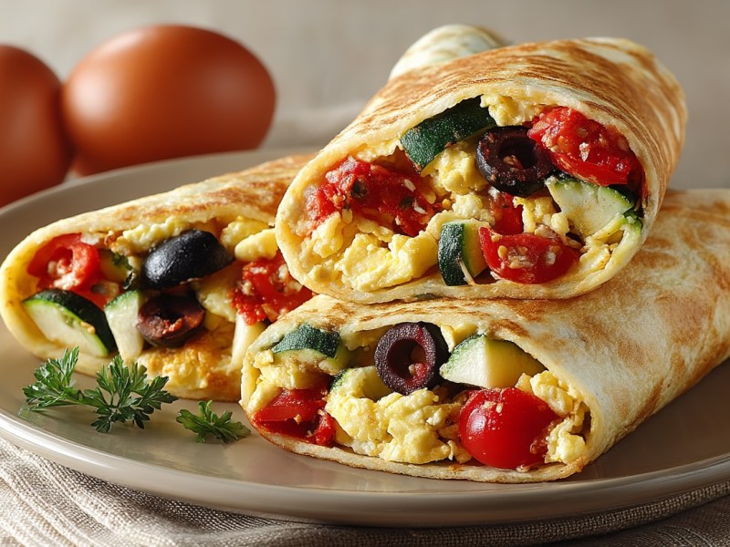zwei mediterrane Rührei-Burritos mit Oliven, Zucchini und Tomaten auf einem Teller, dahiner unscharf zwei Eier.