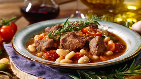 Ein Teller mediterranes Lamm-Ragout mit Rosmarin und Thymian.