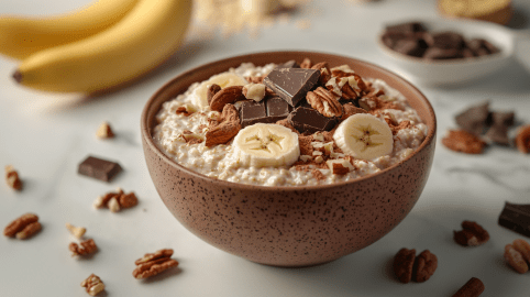 Eine Schale mit Mikrowellen-Porridge steht auf einem weißen Tisch. Es ist mit Bananenscheiben, Nüssen und zerbrochener Schokolade zubereitete. Um die Schale verteilt liegen Nüsse sowie Schokoladenstücke. Im Hintergrund links liegen zwei Bananen. Im Hintergrund in der Mitte weitere Haferflocken, im Hintergrund rechts eine Schale mit Zartbitterschokolade.