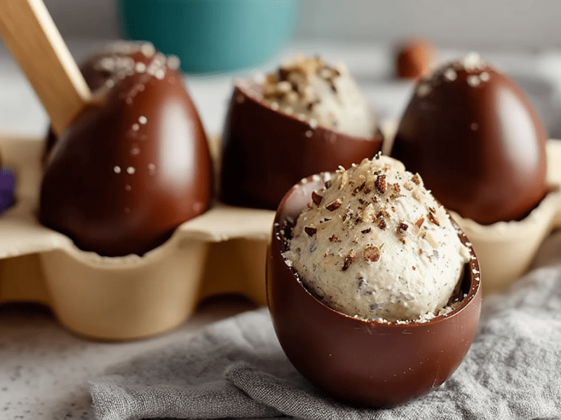 Im Vordergrund ist ein offenes selbstgemachtes Milka Löffelei zu sehen, das mit ein paar klein gehackten Haselnüssen dekoriert. Im Hintergrund ist ein Eierkarton zu sehen, in dem weitere gefüllte Schokoladeneier platziert sind.