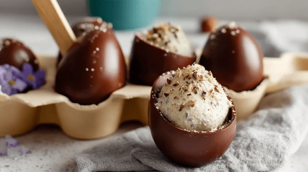 Im Vordergrund ist ein offenes selbstgemachtes Milka Löffelei zu sehen, das mit ein paar klein gehackten Haselnüssen dekoriert. Im Hintergrund ist ein Eierkarton zu sehen, in dem weitere gefüllte Schokoladeneier platziert sind.