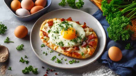 Teller mit Mini-Frühstückspizza, Zutaten daneben