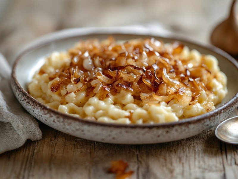 Ein Teller Miso-Spätzle mit karamellisierten Zwiebeln, daneben ein Löffel und eine Stoffserviette, im Hintergrund unscharf Zwiebeln.