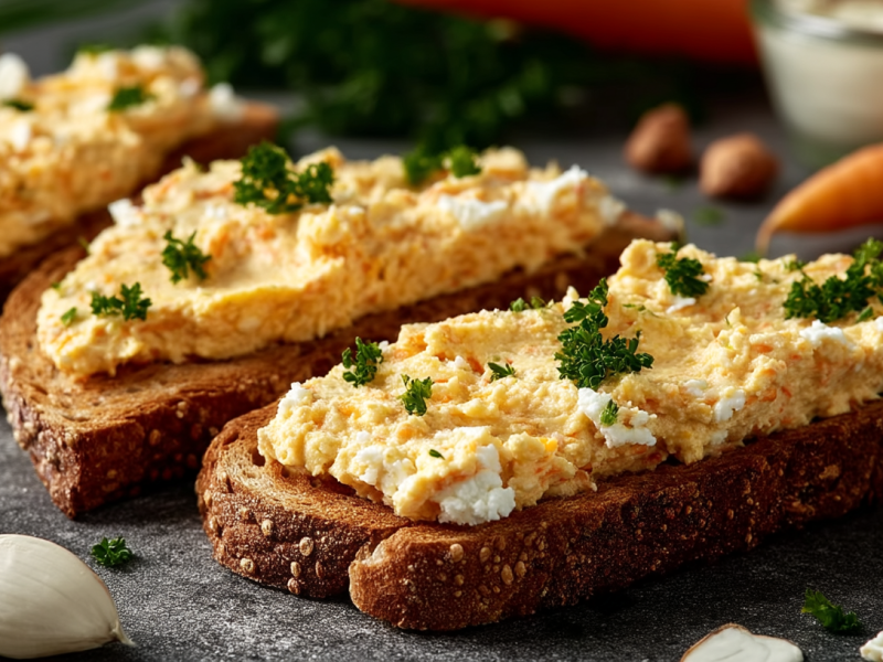 Möhren-Schmand-Aufstrich auf mehreren Brotscheiben.