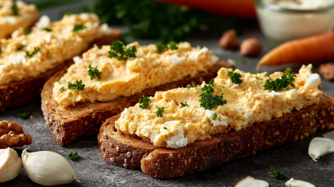 Möhren-Schmand-Aufstrich auf mehreren Brotscheiben.