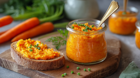 Ein Glas mit Möhrenbutter steht auf einem Holzbrett. Daneben liegt ein Brot auf dem die Möhrenbutter verteilt ist. Im Hintergrund liegen weitere Möhren sowie weitere Gläser mit Möhrenbutter.