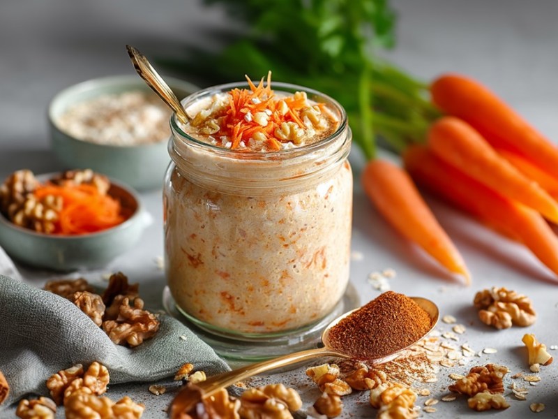 Glas mit Möhren-Overnight-Oats und Zutaten daneben