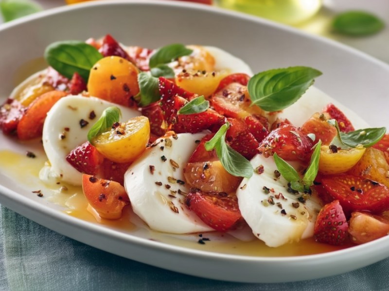 Ein Teller Mozzarella mit Erdbeer-Salsa.