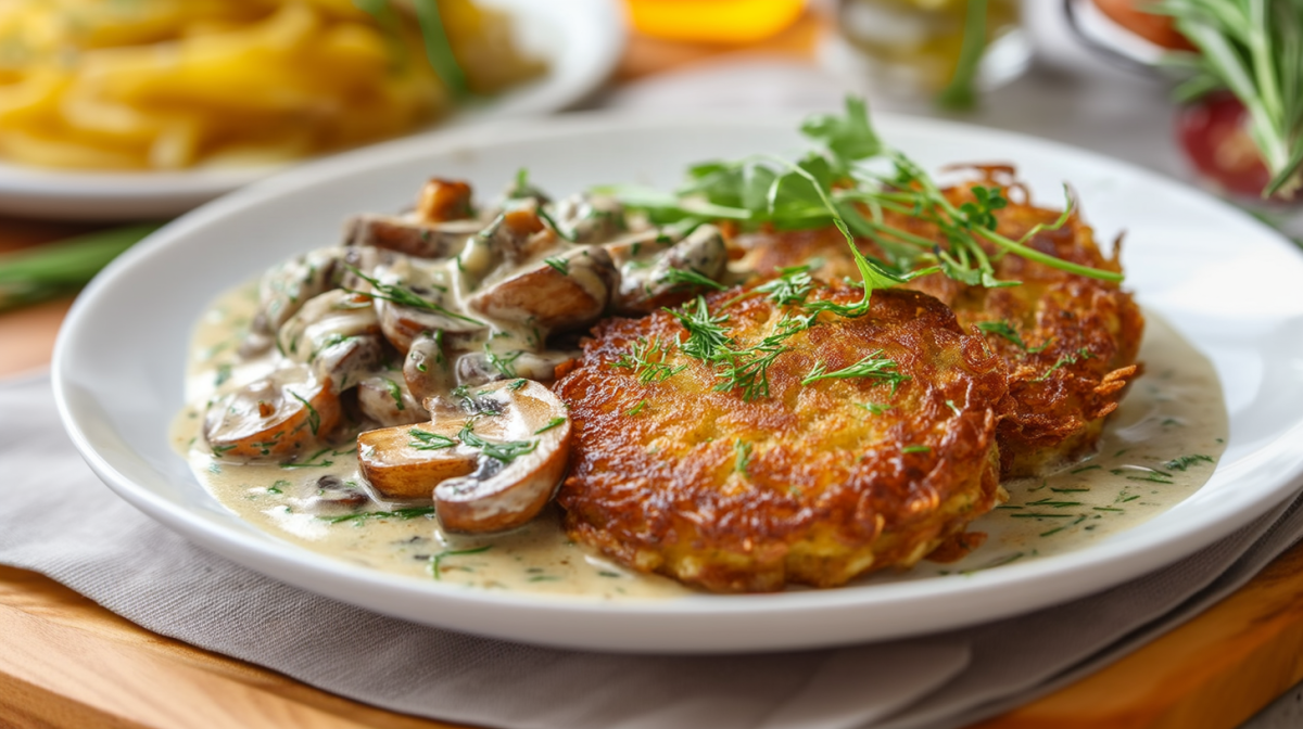 Zwei Mozzarella-Kartoffelrösti auf einem weißen Teller. Sie sind mit einer Pilz-Rahmsoße angerichtet und mit frischen Kräutern garniert. Im Hintergrund sieht man weitere geschnittene Kartoffeln, etwas Öl sowie weitere Kräuter.