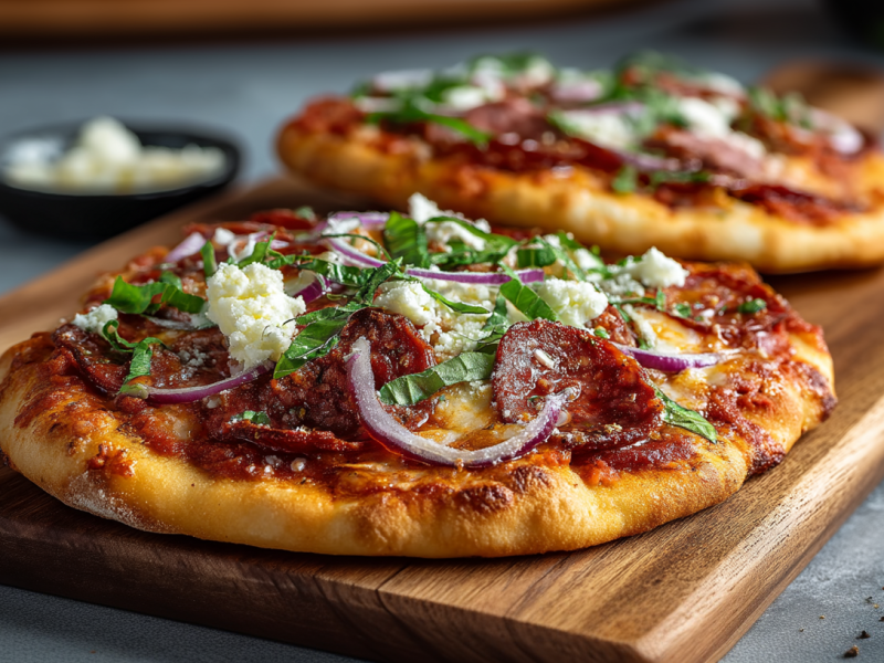Ein Holzbrett, auf dem zwei Naan-Pizzen liegen, die mit scharfer Salami, roten Zwiebelringen, Mozzarella und frischem Basilikum belegt sind. Im Hintergrund kann man eine kleine Schale mit zerzupftem Mozzarella sehen.