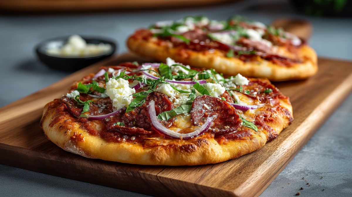 Ein Holzbrett, auf dem zwei Naan-Pizzen liegen, die mit scharfer Salami, roten Zwiebelringen, Mozzarella und frischem Basilikum belegt sind. Im Hintergrund kann man eine kleine Schale mit zerzupftem Mozzarella sehen.