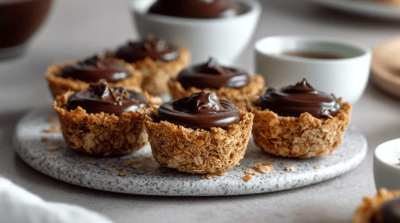 Sechs No-Bake Granola-Cups stehen auf einer marmorierten Unterlage. Sie sind mit einer Schokocreme gefüllt. Im Hintergrund sieht man eine Schale mit der Schokocreme sowie einen Becher Kaffee.