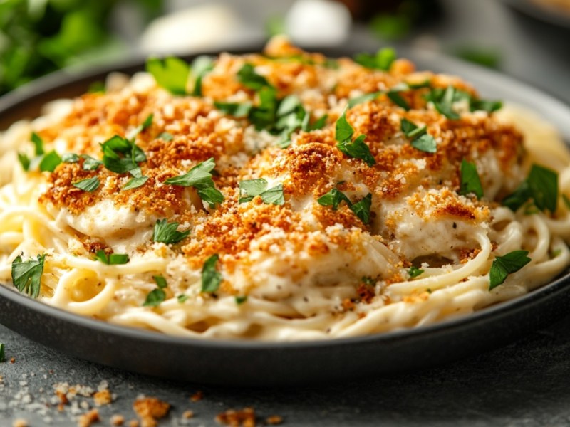 Teller Nudeln mit Parmesansoße und Knusperhaube