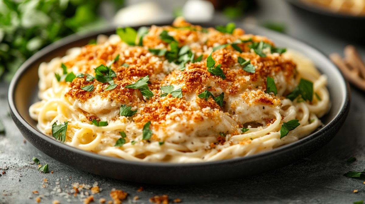 Teller Nudeln mit Parmesansoße und Knusperhaube