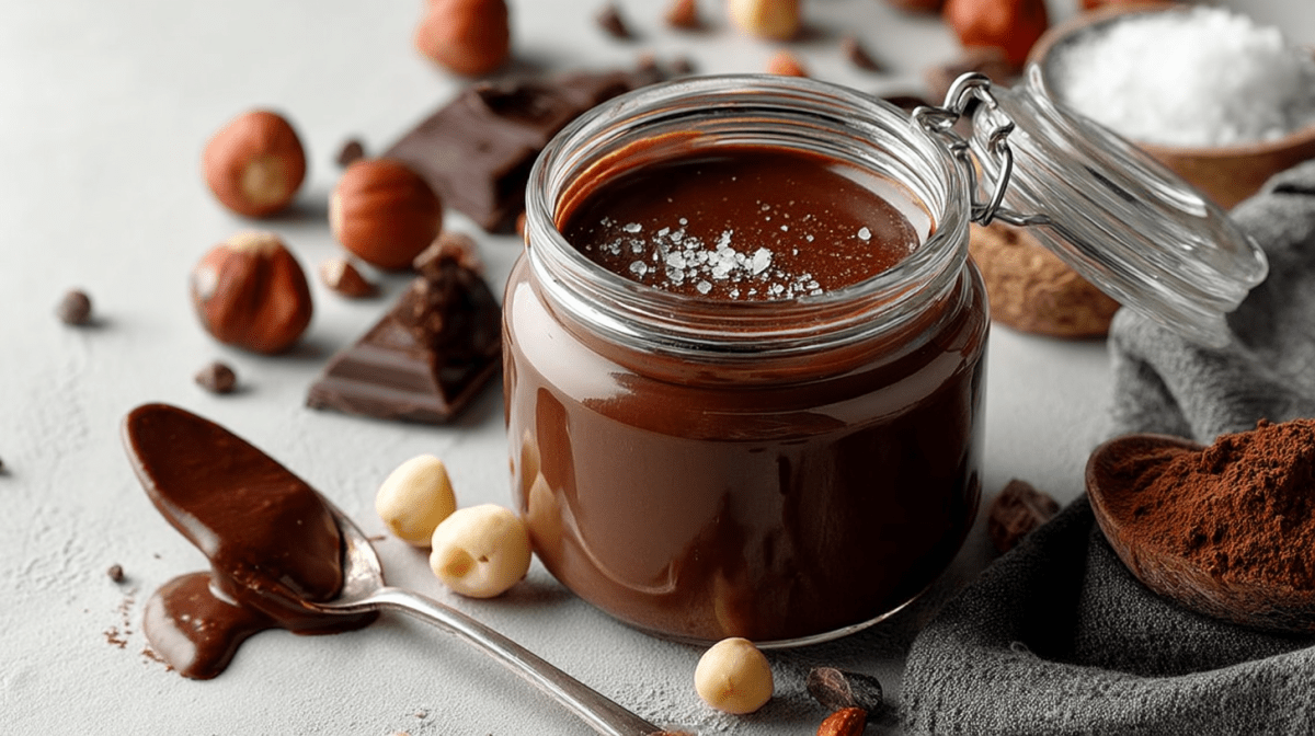 Ein Glas Nuss Nougat Creme ohne Zucker, bestreut mit etwas Meersalz.