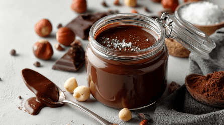 Ein Glas Nuss Nougat Creme ohne Zucker, bestreut mit etwas Meersalz.