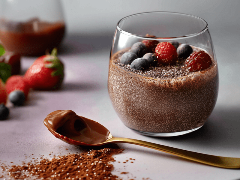 Ein Glas mit Nutella-Chiapudding, der mit verschiedenen Beeren garniert ist. Vor dem Glas liegt ein goldener Löffel mit Nutella, sowie Kakaopulver und Chiasamen. Im Hintergrund sieht man ein Glas mit Nutella und verschiedene Beeren.