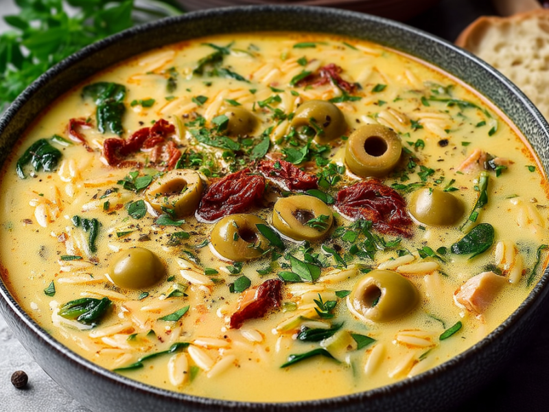 Eine sehr große Schüssel mit Olivensuppe, die außerdem getrocknete Tomaten, Spinat und Orzo enthält und mit frischem Basilikum garniert ist. Um die Schüssel herum liegen Pfefferkörner verstreut und im Hintergrund sind frische Kräuter und deine Scheibe Baguette zu sehen.