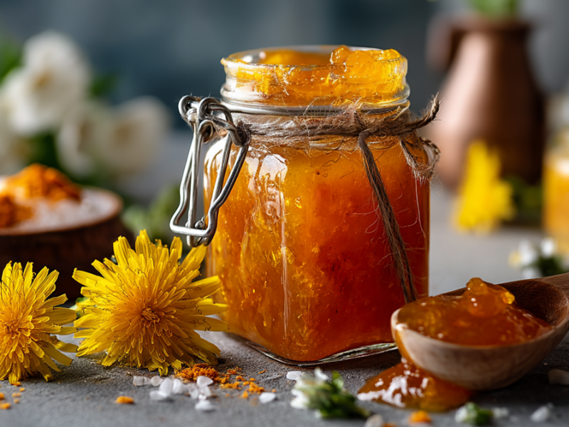 Ein Einmachglas mit Orangen-Löwenzahn-Marmelade. Daneben liegt ein Löffel Holzlöffel mit etwas Marmelade. Außerdem sind Löwenzahnblüten zu sehen. Im Hintergrund stehen verschiedene Gefäße und Schalen mit Gewürzen, Pasten und vielem mehr. Es sind weitere Blumen und Blüten erkennbar.