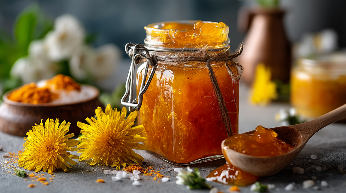 Ein Einmachglas mit Orangen-Löwenzahn-Marmelade. Daneben liegt ein Löffel Holzlöffel mit etwas Marmelade. Außerdem sind Löwenzahnblüten zu sehen. Im Hintergrund stehen verschiedene Gefäße und Schalen mit Gewürzen, Pasten und vielem mehr. Es sind weitere Blumen und Blüten erkennbar.
