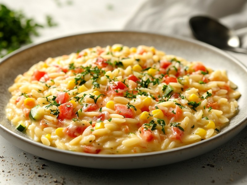Ein Teller Orzotto mit Zucchini, Tomaten und Mais, daneben ein Löffel und eine Stoffserviette.