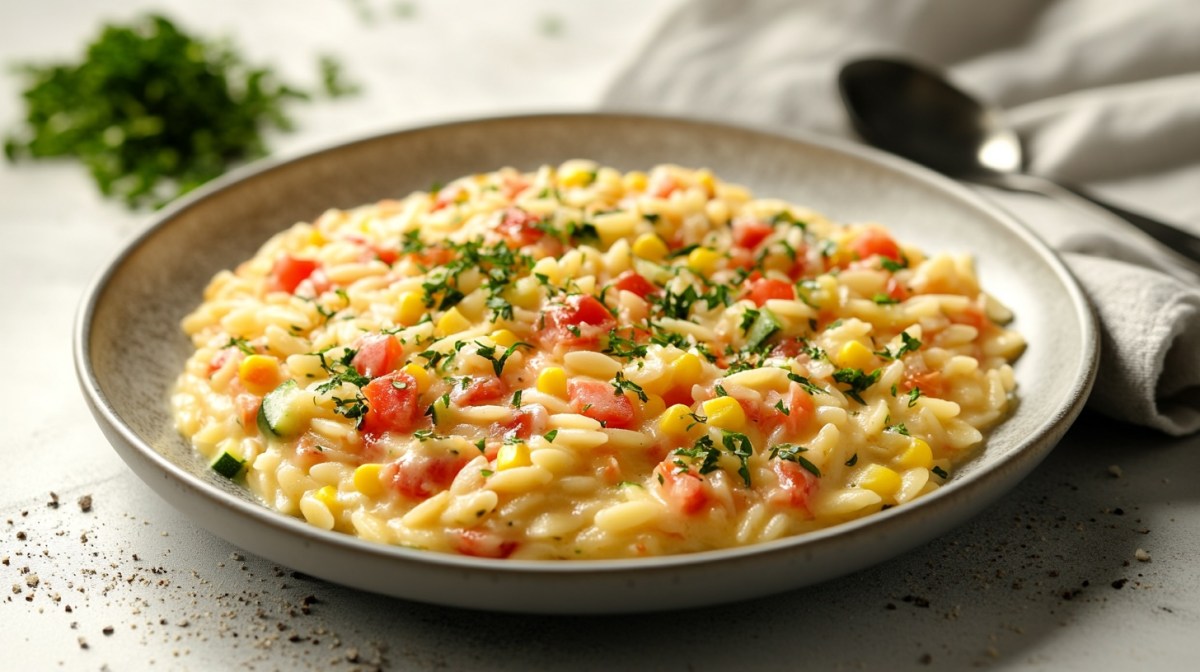 Ein Teller Orzotto mit Zucchini, Tomaten und Mais, daneben ein Löffel und eine Stoffserviette.