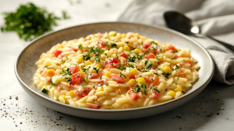 Ein Teller Orzotto mit Zucchini, Tomaten und Mais, daneben ein Löffel und eine Stoffserviette.