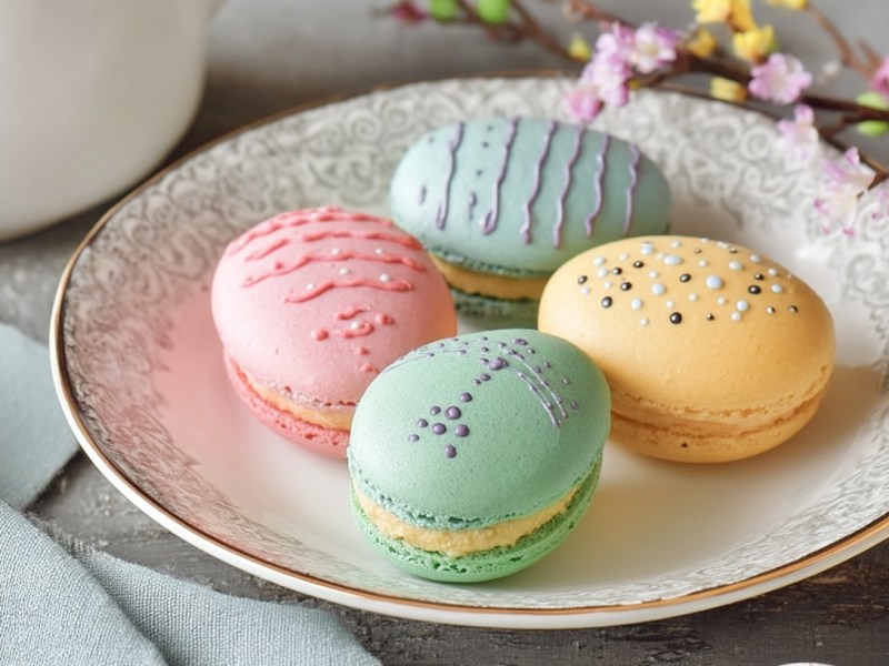 Ein Teller mit 4 Osterei-Macarons, die mit Zuckerschrift verziert wurden.